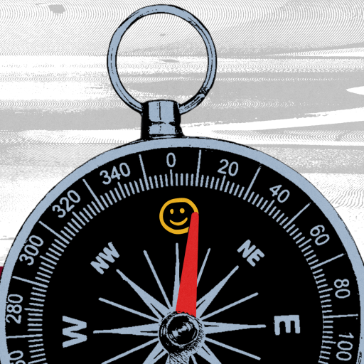A compass with a red needle points north toward a yellow smiley face symbol, signifying happiness, on a textured background with gray, white, and red horizontal sections.