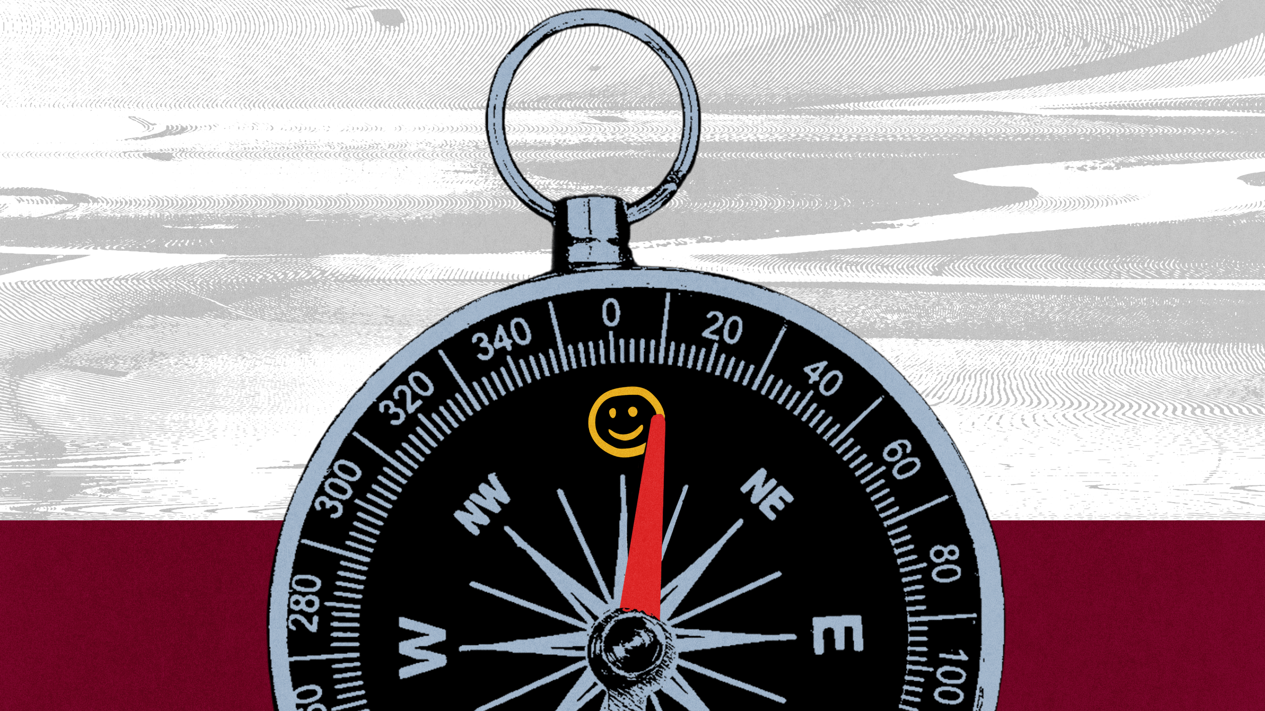 A compass with a red needle points north toward a yellow smiley face symbol, signifying happiness, on a textured background with gray, white, and red horizontal sections.