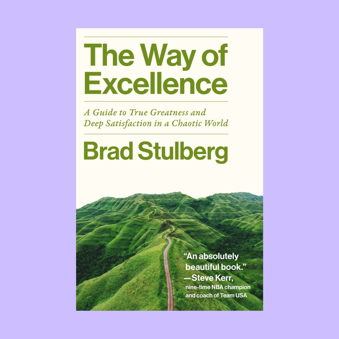Book cover of "The Way of Excellence" by Brad Stulberg, featuring a winding path through green hills and a testimonial quote by Steve Kerr on how to find success.