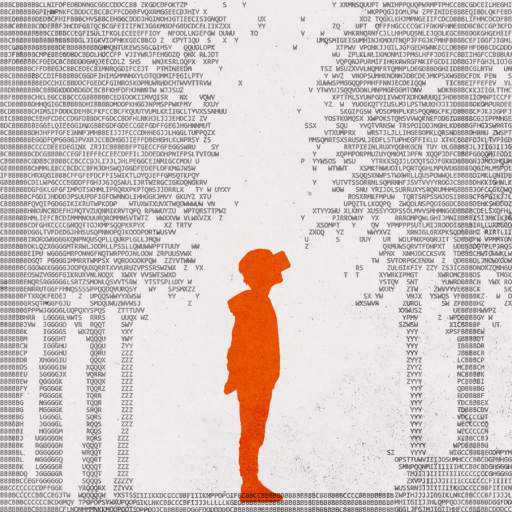 An orange silhouette of a standing child is overlaid on a background made of ASCII art and dense lines of text, resembling digital code or data.