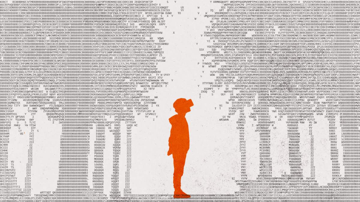 An orange silhouette of a standing child is overlaid on a background made of ASCII art and dense lines of text, resembling digital code or data.