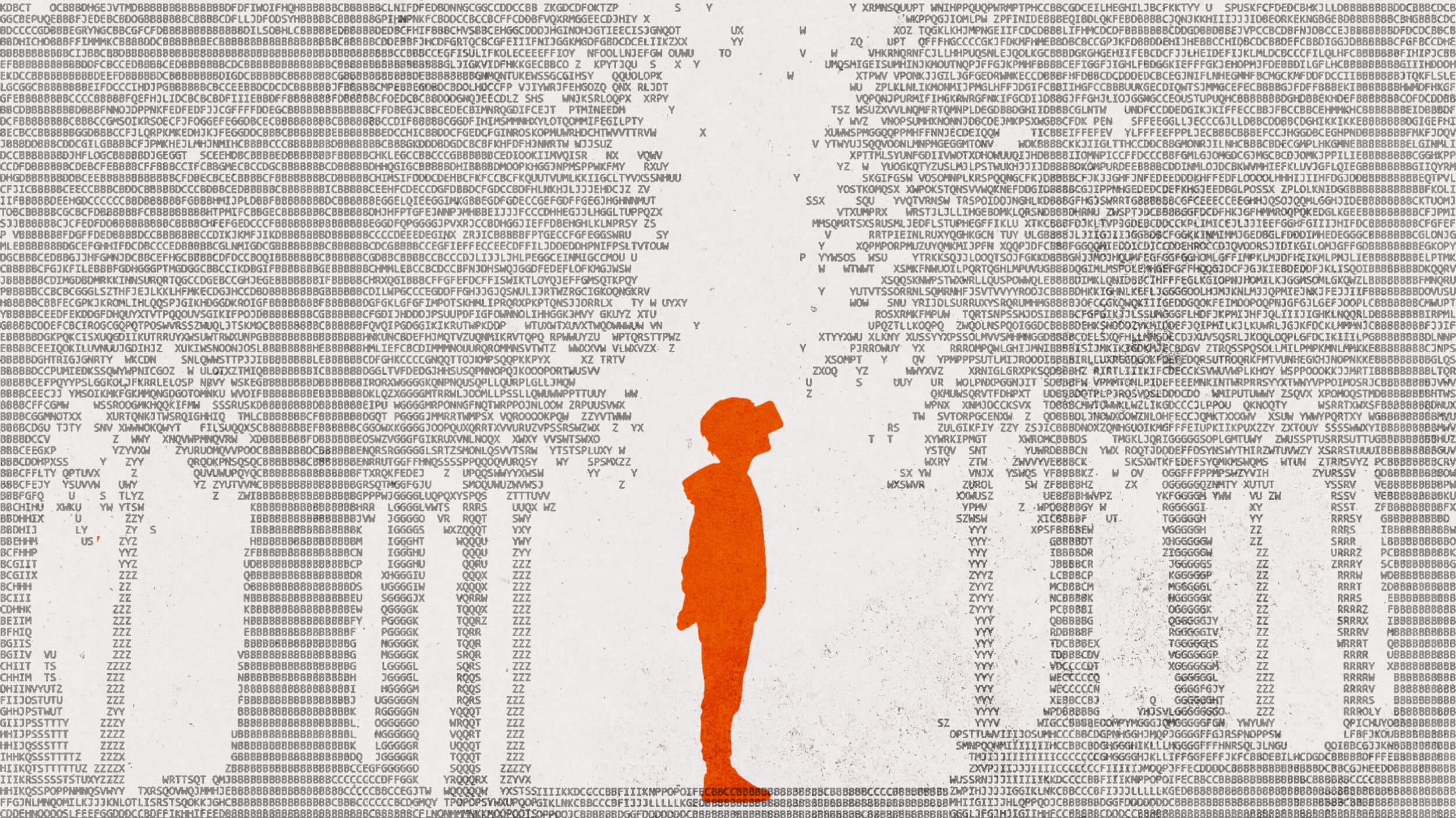 An orange silhouette of a standing child is overlaid on a background made of ASCII art and dense lines of text, resembling digital code or data.