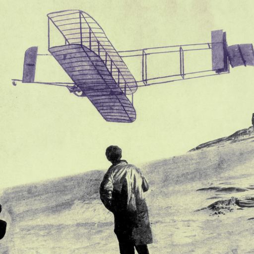 A vintage photograph shows a Wright Brothers-era biplane flying low over a sandy hill as four people on the ground watch.