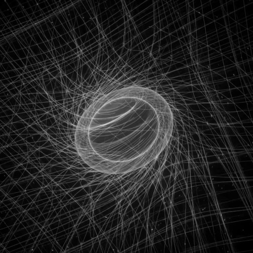 White lines intersect around a central, glowing sphere on a black background, creating a complex geometric and abstract pattern that suggests how nothing can persist when the universe dies.