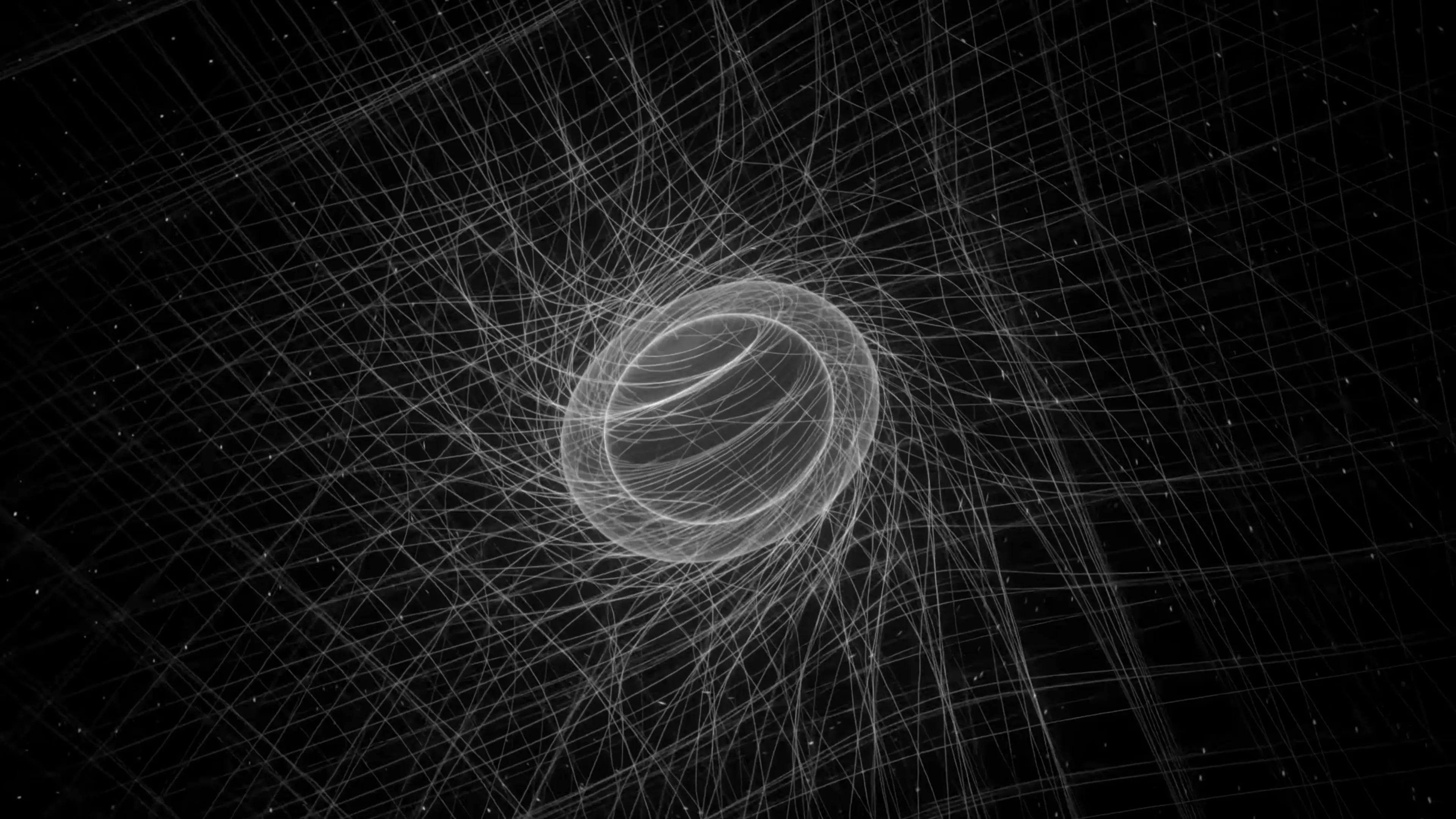 White lines intersect around a central, glowing sphere on a black background, creating a complex geometric and abstract pattern that suggests how nothing can persist when the universe dies.