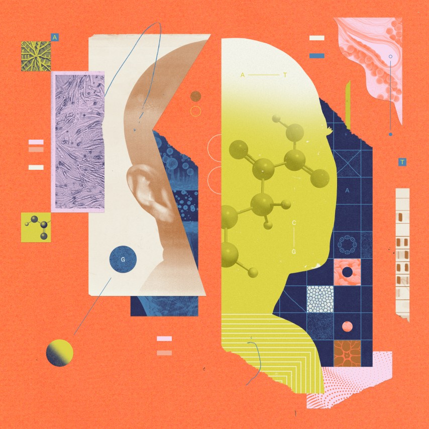 Abstract collage of human profiles, DNA sequences, cell patterns, molecular structures, and geometric shapes on an orange background.