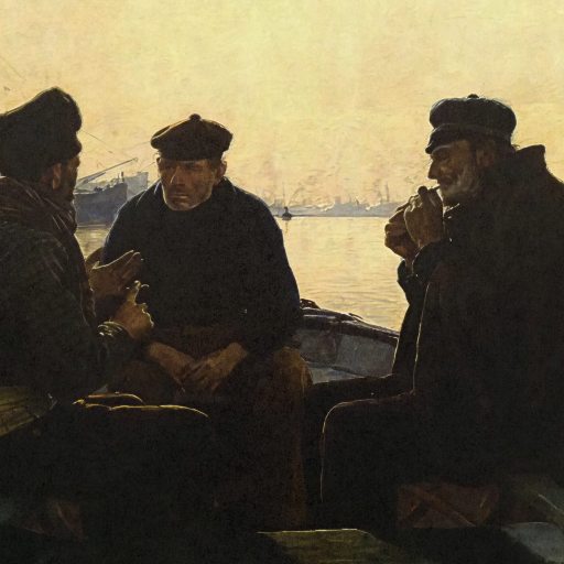 Three men in dark clothing sit and talk on a small boat in a harbor with ships and calm water in the background, under a hazy sky.