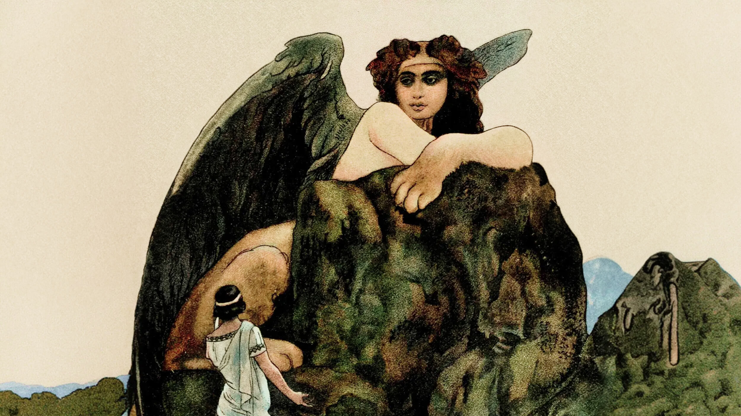 A woman in white approaches a large, winged creature with a human face—an embodiment of ancient archtypes—partially hidden behind a rock in a mountainous landscape.