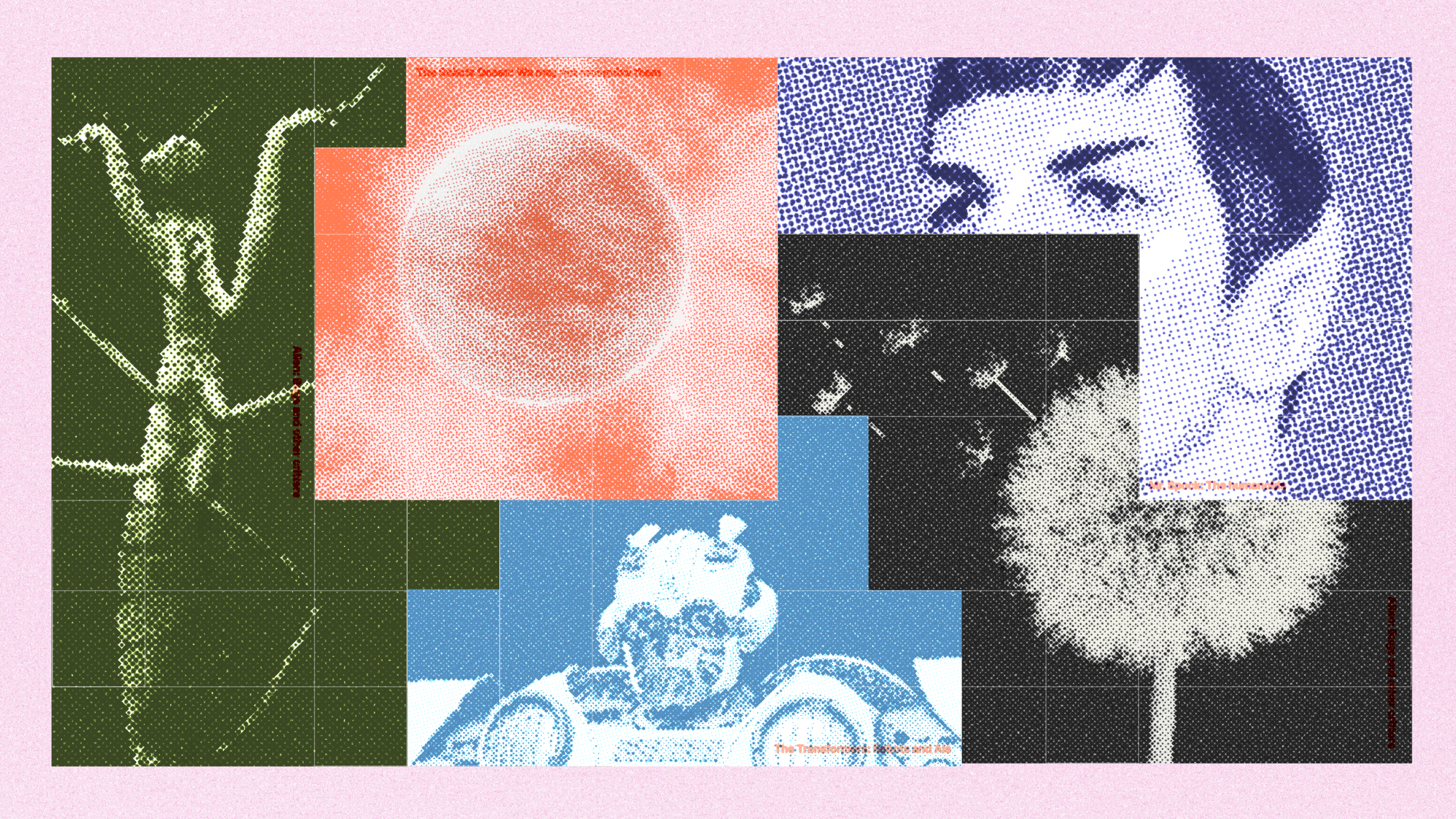A collage of scientific and space-themed images, featuring an insect, a planet, a human face, a robot, dandelion, star charts, and hints of aliens—all in varied colors and textures.