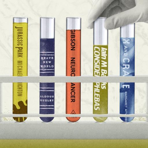 A gloved hand arranges five test tubes labeled with book titles and authors in a white rack against a light background.