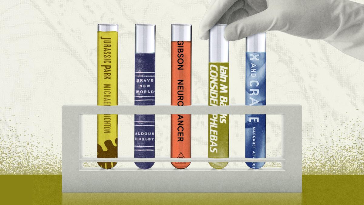 A gloved hand arranges five test tubes labeled with book titles and authors in a white rack against a light background.