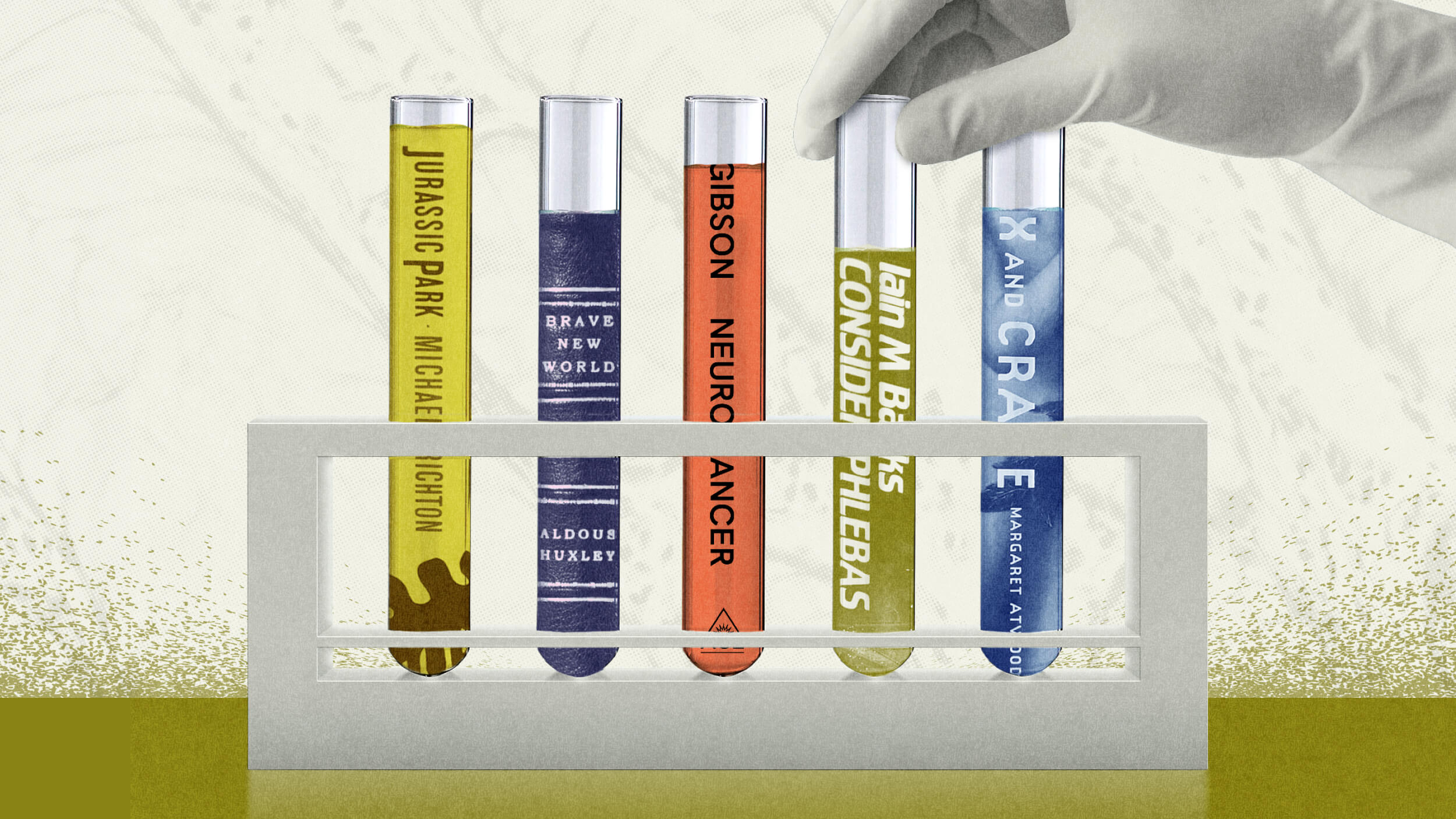 A gloved hand arranges five test tubes labeled with book titles and authors in a white rack against a light background.