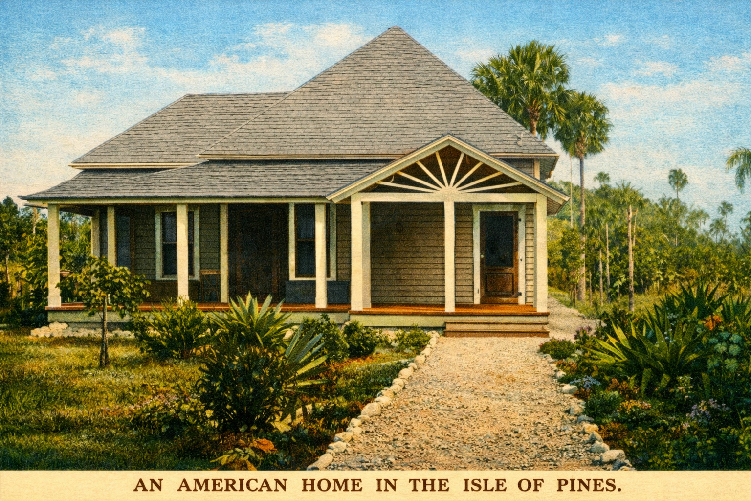 A single-story house with a front porch, surrounded by tropical plants, labeled "An American Home in the Isle of Pines.