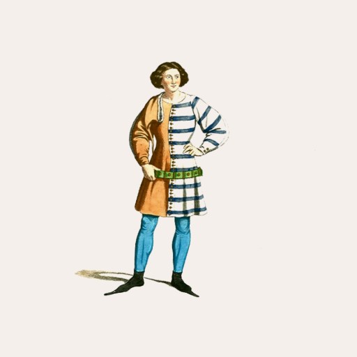 Illustration of a person wearing Renaissance-era clothing, including a half-brown, half-striped tunic, blue tights, and a green belt, standing with a flourish against a plain background.