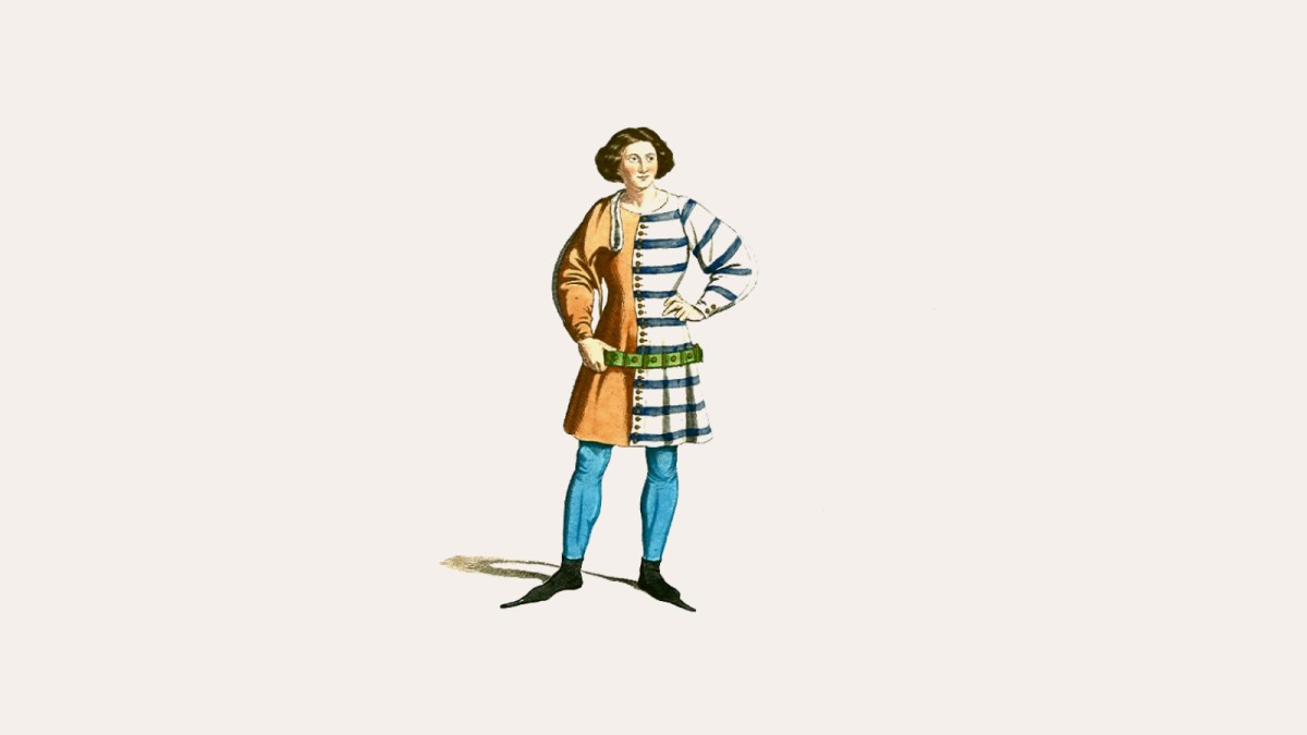 Illustration of a person wearing Renaissance-era clothing, including a half-brown, half-striped tunic, blue tights, and a green belt, standing with a flourish against a plain background.