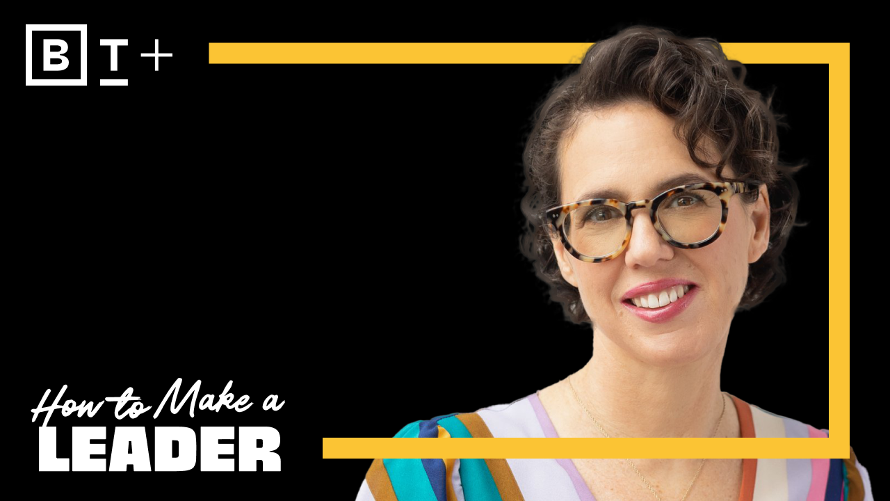 A person with short curly hair and glasses smiles at the camera; text reads "How to Make a Leader" with a yellow border and "BT+" logo on a black background.