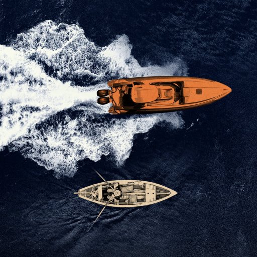 Aerial view of a speeding motorboat leaving a wake near a slower rowboat on dark blue water.