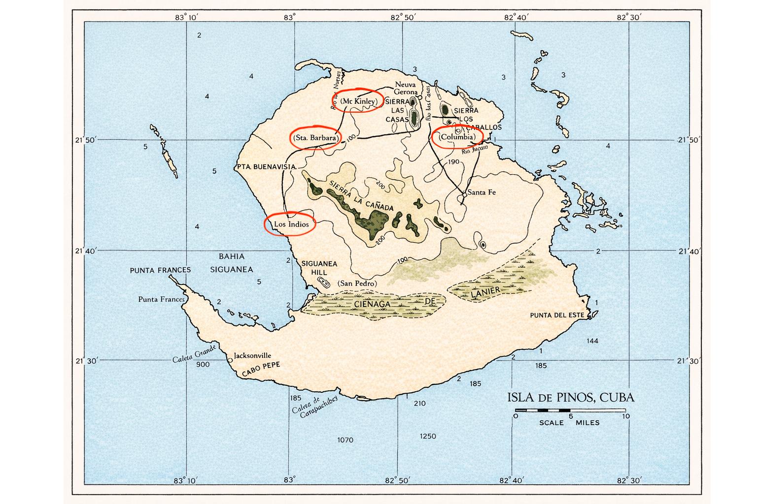 Map of Isla de Pinos, Cuba, with locations such as Sta. Barbara, Los Indios, Nueva Gerona, La Ceiba, and Mc. Kinley circled in red. Scale provided in miles.