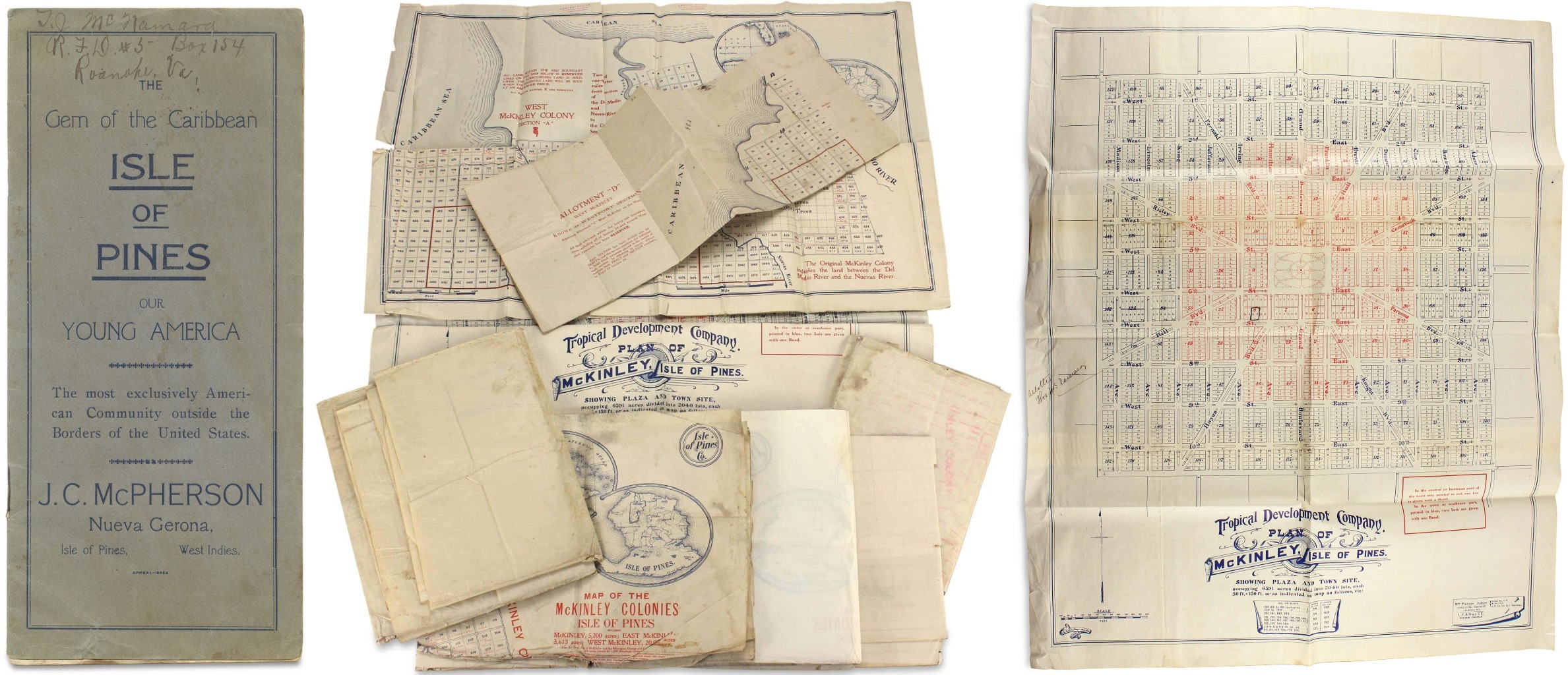 Three vintage documents: a booklet titled "Isle of Pines," folded maps, and a large gridded map labeled "McKinley City," showing historic land plans and promotional materials.