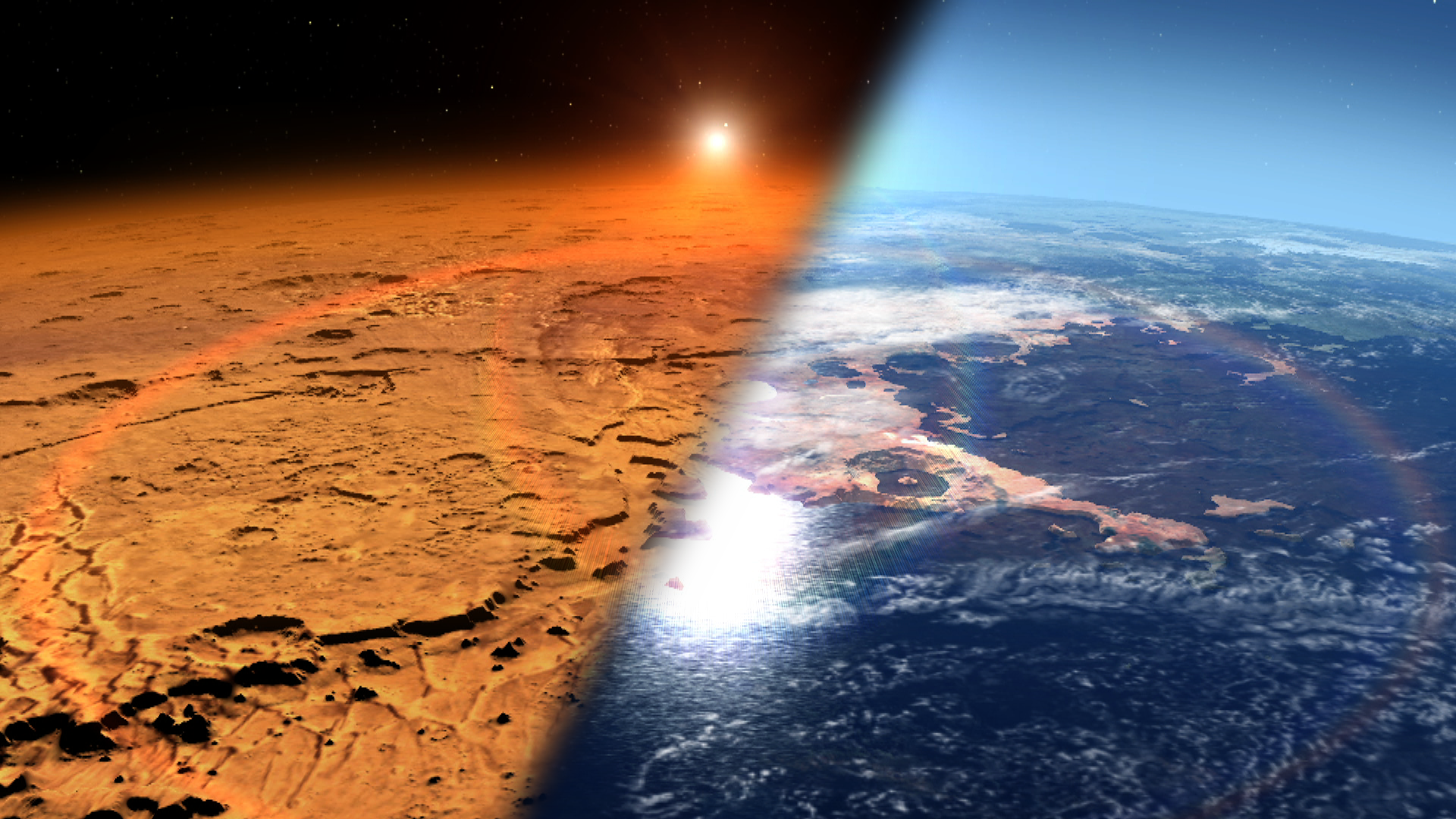 A split view showing the surface of Mars on the left and Earth on the right, with the sun rising in the background above the horizon.