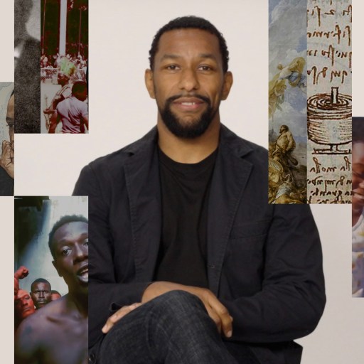 A man with a beard sits and smiles at the camera, surrounded by various historical and documentary images arranged in a collage.