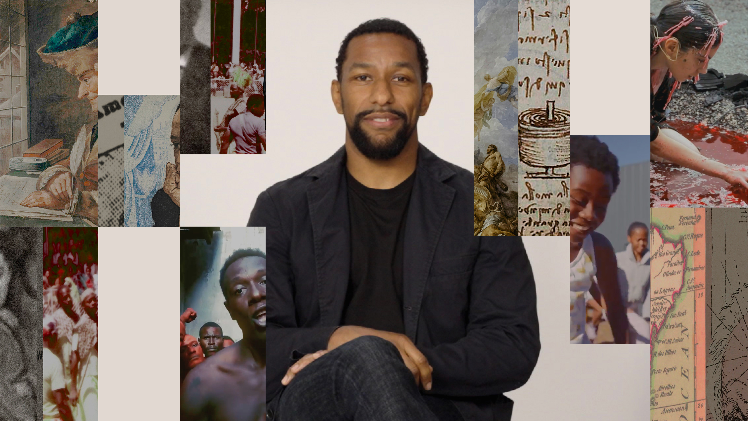 A man with a beard sits and smiles at the camera, surrounded by various historical and documentary images arranged in a collage.