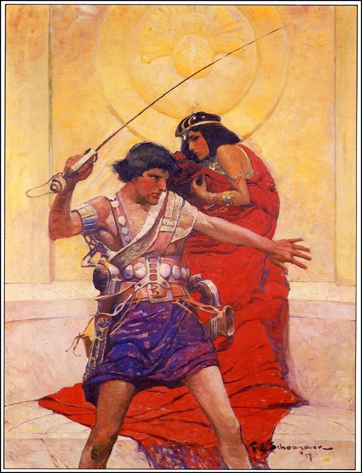 A man in ancient-style armor brandishes a sword while a woman in a red dress stands behind him against a sunlit background.