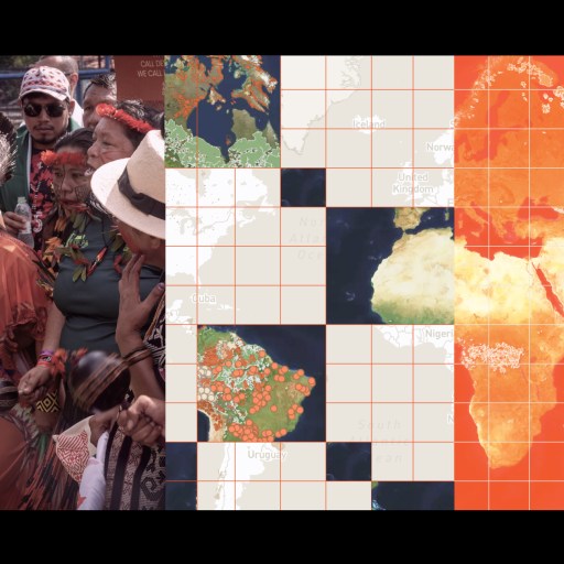 A woman in traditional attire stands among a group of people, next to maps showing global data with colored grids and overlays.