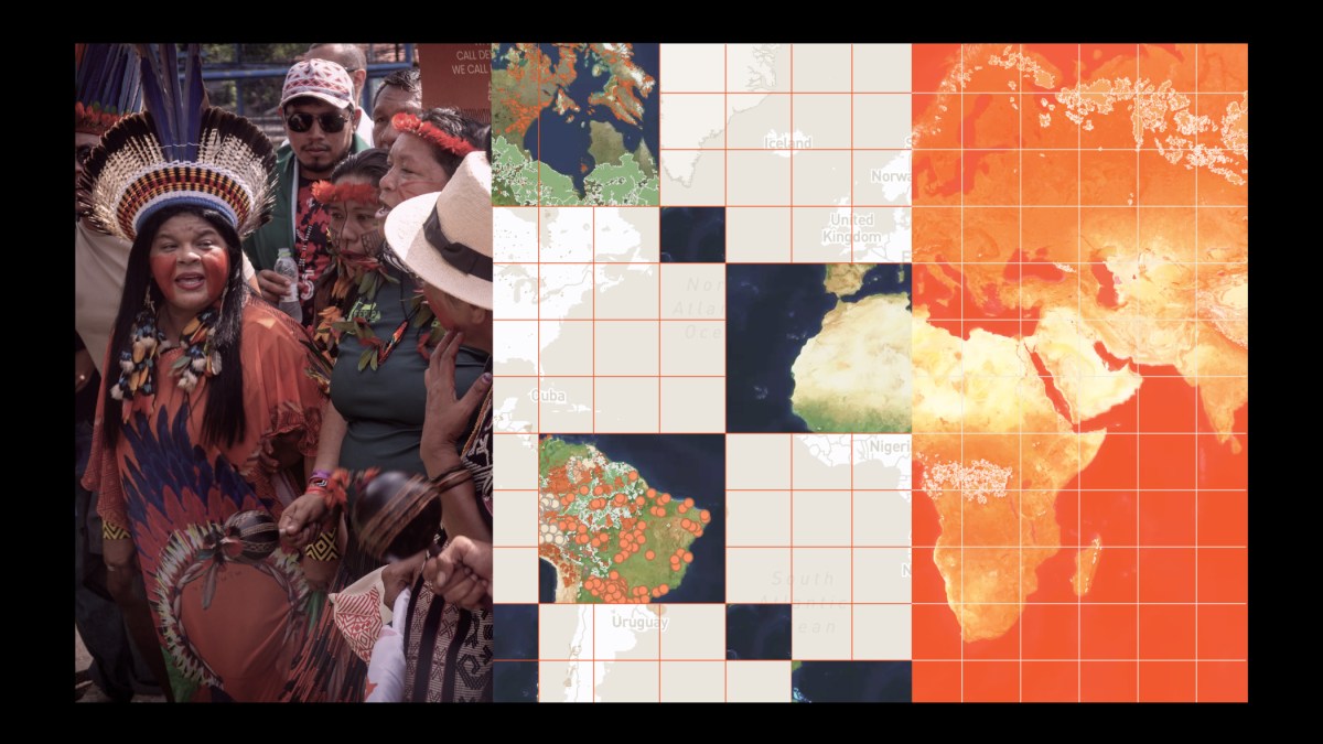 A woman in traditional attire stands among a group of people, next to maps showing global data with colored grids and overlays.