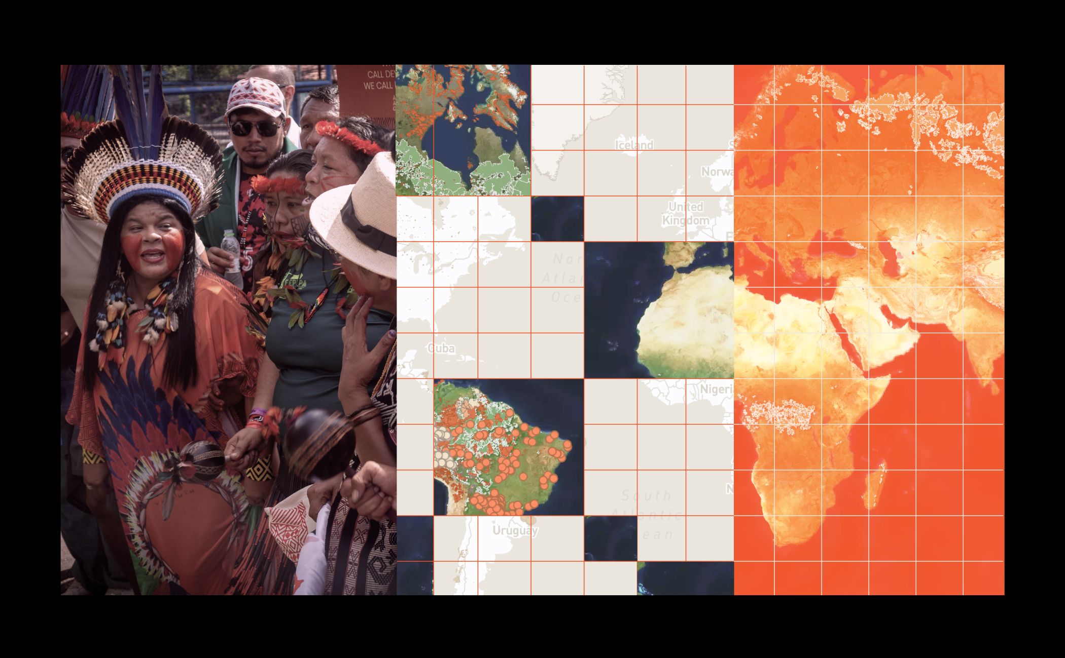 A woman in traditional attire stands among a group of people, next to maps showing global data with colored grids and overlays.