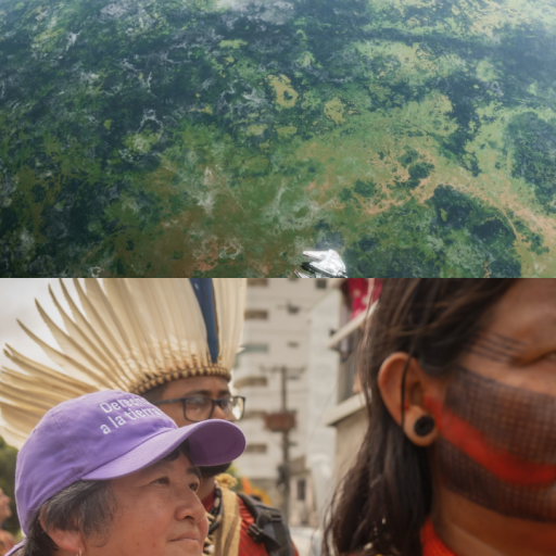 A collage shows an aerial view of a green planet above images of Indigenous people, some in traditional attire, participating in a gathering or march.