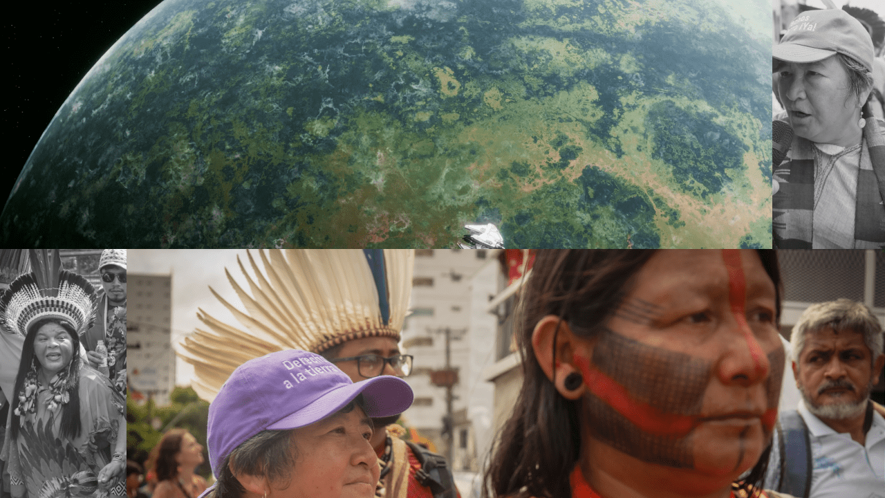 A collage shows an aerial view of a green planet above images of Indigenous people, some in traditional attire, participating in a gathering or march.