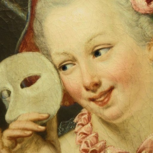 A woman with flowers in her hair holds a white mask near her face and smiles, wearing a ruffled pink collar.
