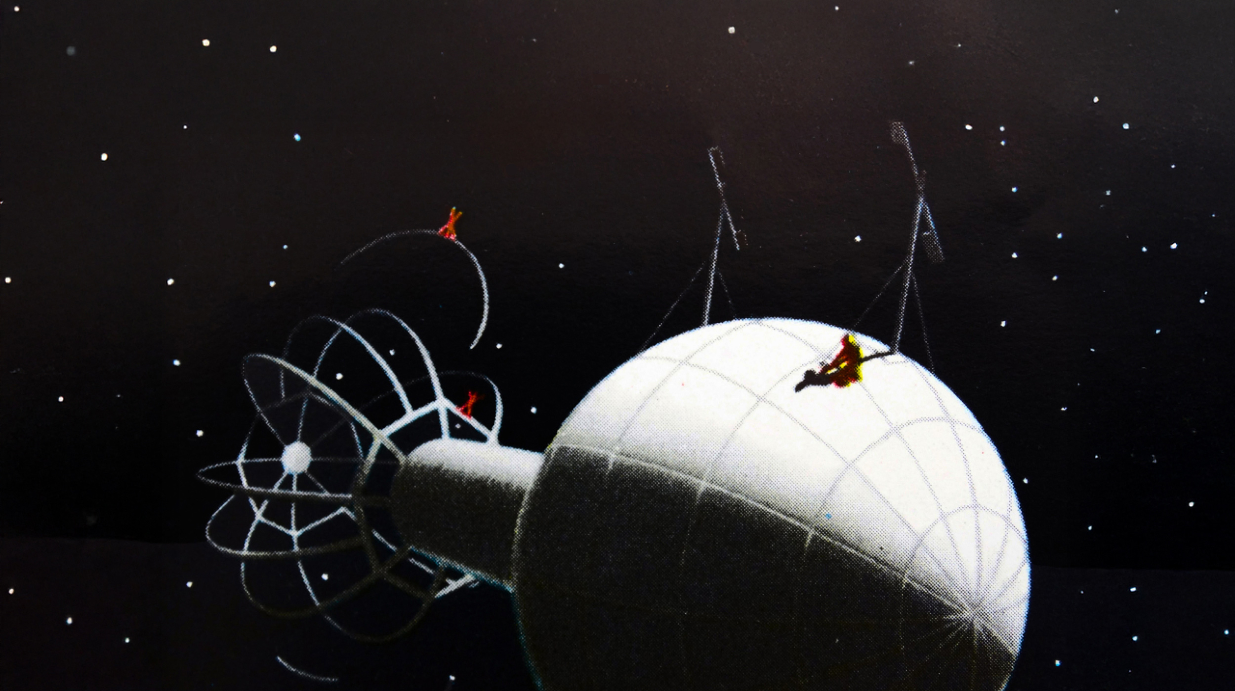 Illustration of astronauts working on a large spherical satellite or space station in outer space, with stars in the background.