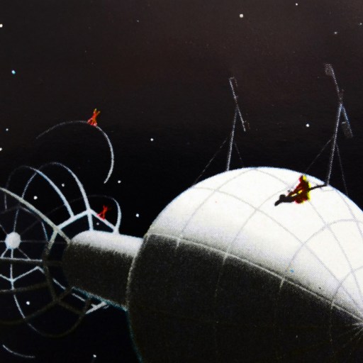 Illustration of astronauts working on a large spherical satellite or space station in outer space, with stars in the background.