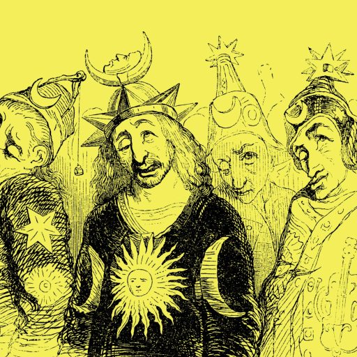 A group of people dressed in robes decorated with celestial symbols and wearing hats adorned with stars and crescent moons, drawn in a vintage illustration style on a yellow background.