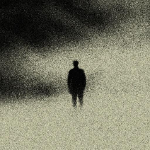 A lone silhouette of a person stands in a hazy, grainy environment, surrounded by darkness and indistinct shadows.