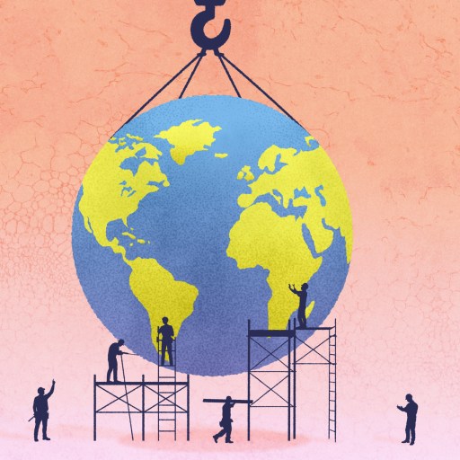 Illustration of silhouetted people on scaffolding assembling a large globe with a crane hook against a textured pink background.