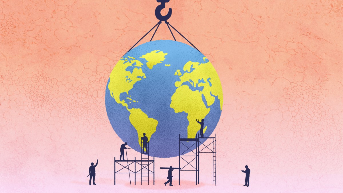 Illustration of silhouetted people on scaffolding assembling a large globe with a crane hook against a textured pink background.