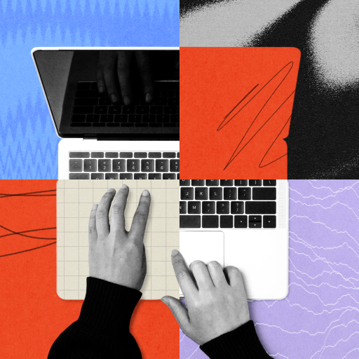 A hand types on a laptop keyboard with a visually segmented, abstract background in shades of blue, red, black, and purple.