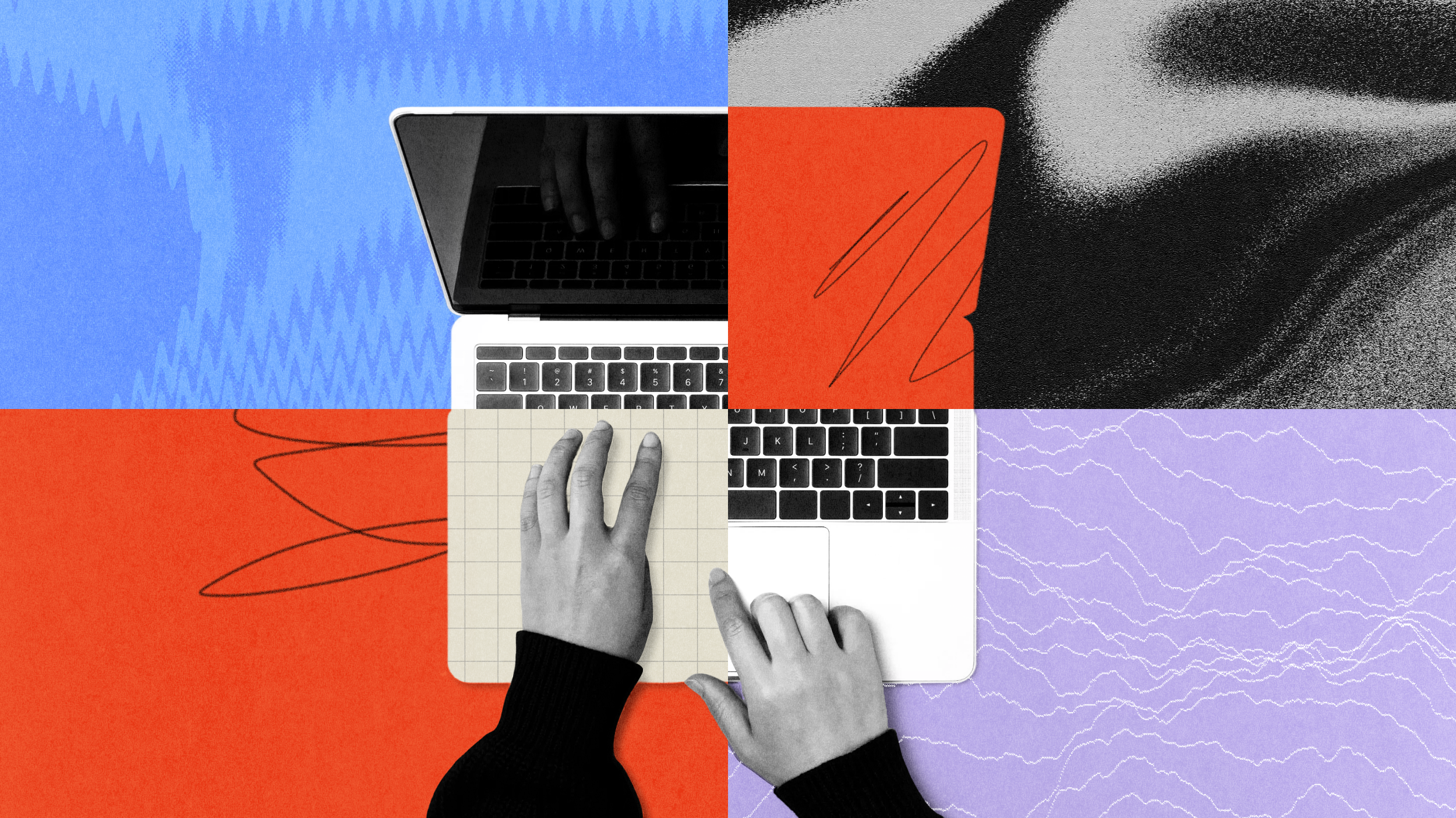 A hand types on a laptop keyboard with a visually segmented, abstract background in shades of blue, red, black, and purple.