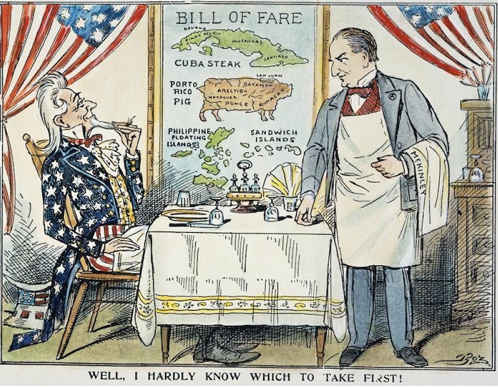 A man dressed as Uncle Sam sits at a table, looking at a waiter beside a menu featuring territories like Cuba, Puerto Rico, and the Philippines, with a caption about choosing which to take first.