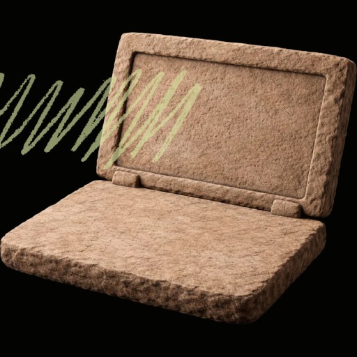 A laptop made of a rough, brown, stone-like material with green squiggly lines emerging from its screen, set against a black background.