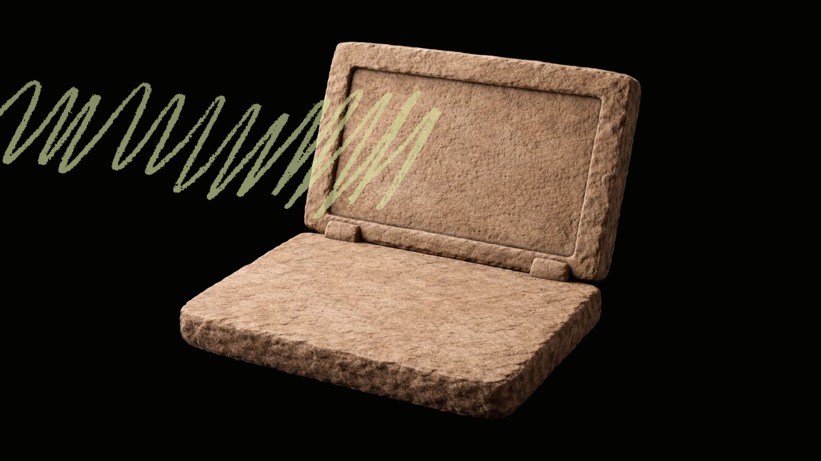 A laptop made of a rough, brown, stone-like material with green squiggly lines emerging from its screen, set against a black background.