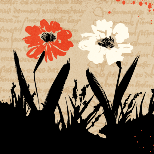 Two illustrated flowers, one red and one white, stand in grass with handwritten text and red paint splatters in the background, evoking a sense of myth and timeless storytelling.