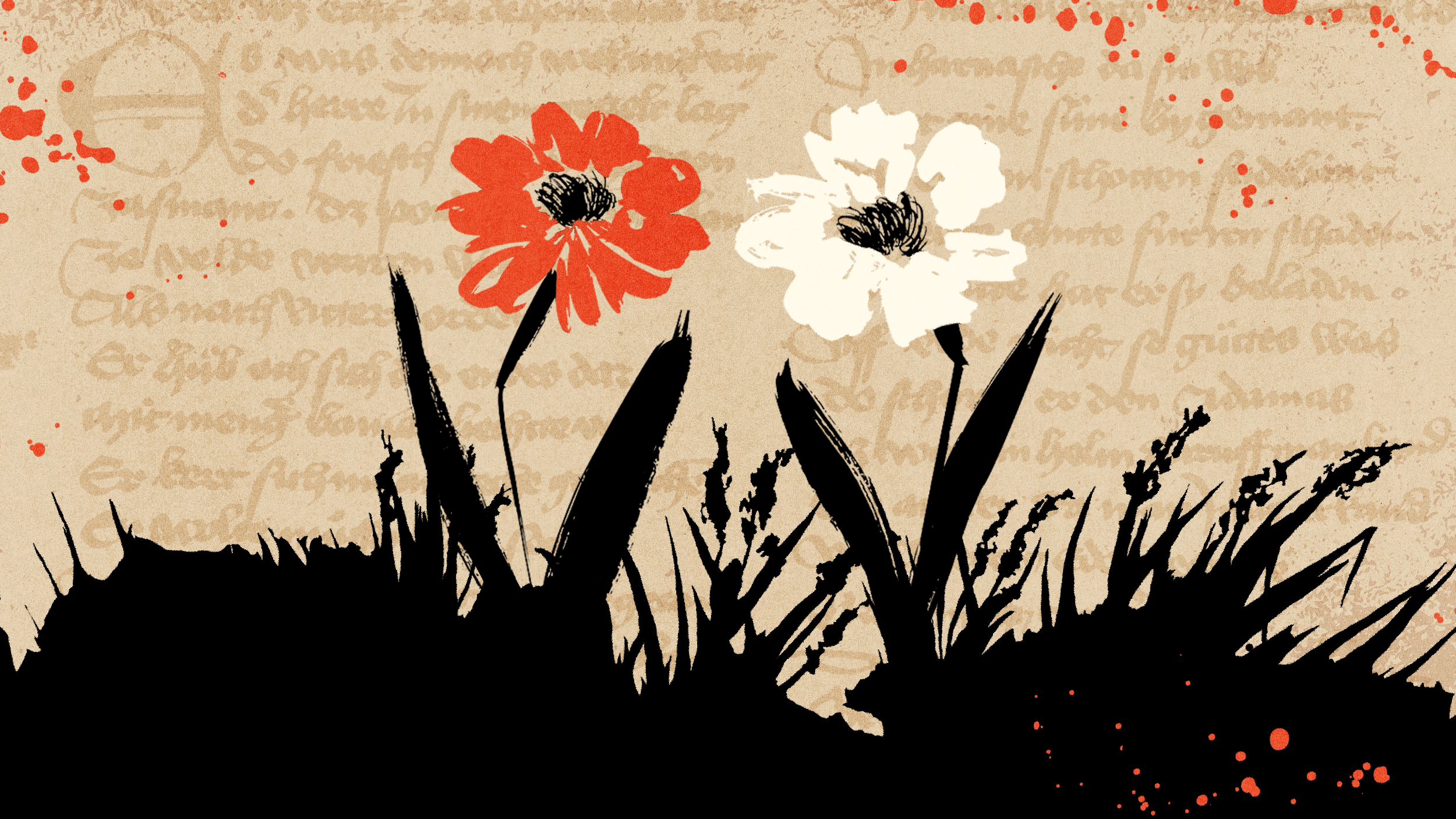 Two illustrated flowers, one red and one white, stand in grass with handwritten text and red paint splatters in the background, evoking a sense of myth and timeless storytelling.