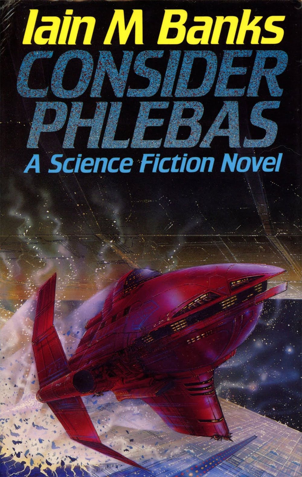 Book cover for "Consider Phlebas" by Iain M. Banks, featuring a red spaceship flying near a space structure with stars in the background.