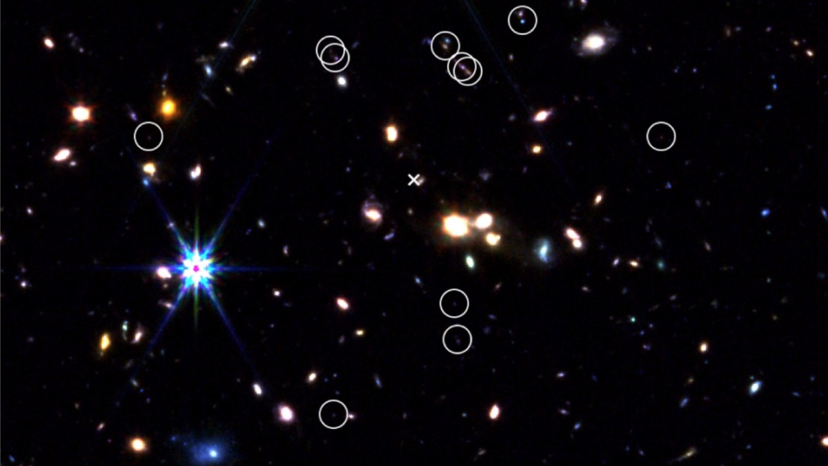 Image of a star field with numerous galaxies; several objects are circled in white, and one object is marked with an “X” near the center.