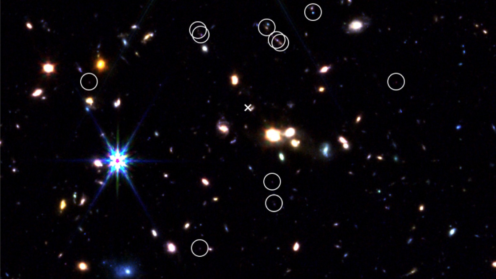 Image of a star field with numerous galaxies; several objects are circled in white, and one object is marked with an “X” near the center.