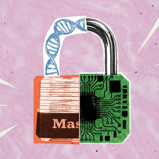 An illustration of a padlock with one half depicting a DNA strand and the other half showing a green circuit board pattern, symbolizing biodefense, set against a pink background.